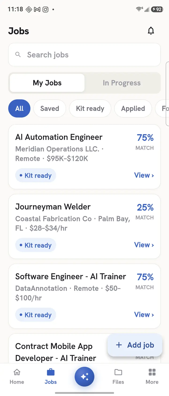 Kivo's job list: match scores and Kit-ready kits for every shared posting